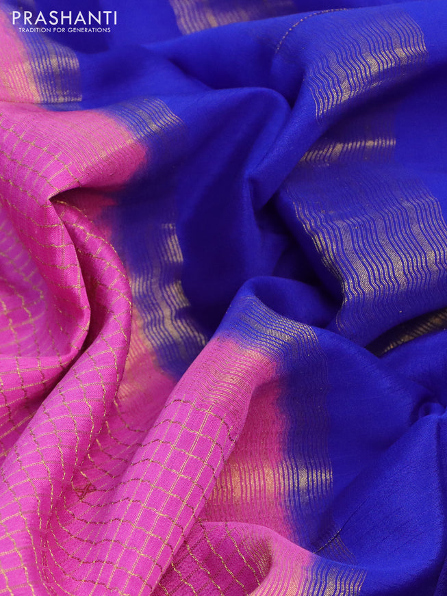 Pure mysore silk saree pink and blue with allover small zari checked pattern and zari woven border