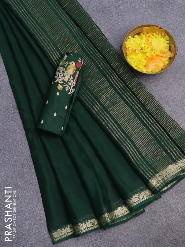 Chinon silk saree dark green with plain body and zari woven floral border - banarasi blouse