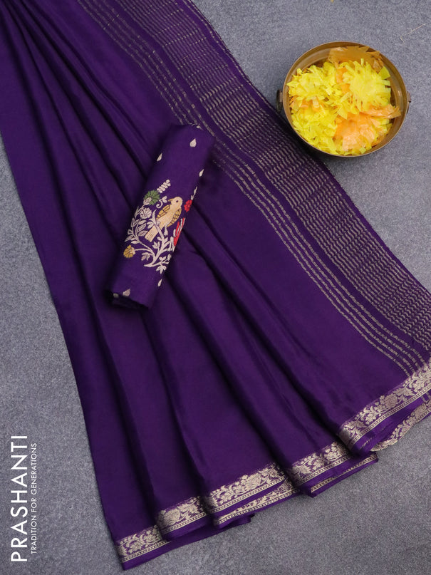 Chinon silk saree violet with plain body and zari woven floral border - banarasi blouse