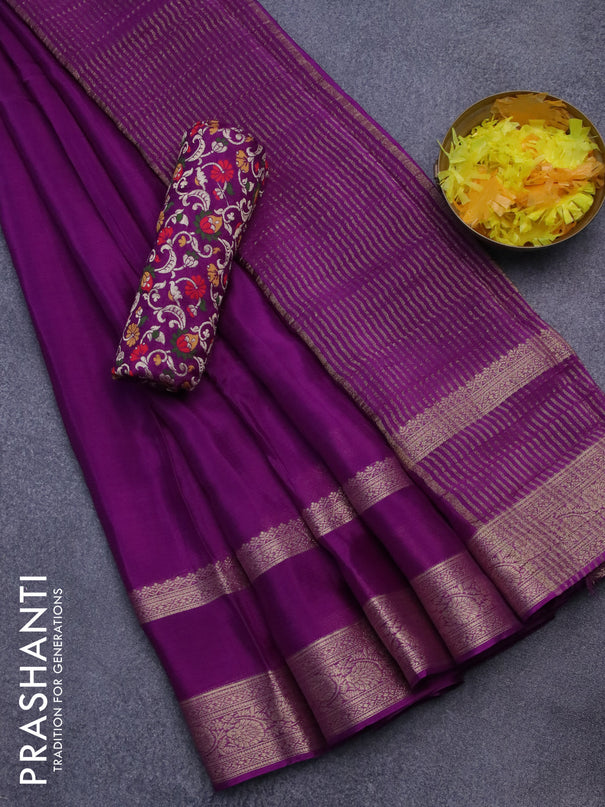 Chinon silk saree purple with plain body and rettapet zari woven border - banarasi brocade blouse