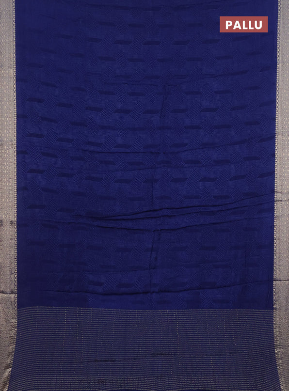 Semi crepe saree blue with self emboss and zari woven border - banarasi brocade blouse