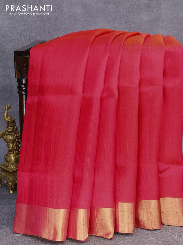 Pure raw silk saree reddish pink and blue with plain body and ikat woven pallu