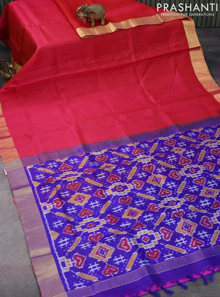 Pure raw silk saree reddish pink and blue with plain body and ikat woven pallu