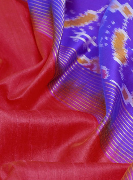 Pure raw silk saree reddish pink and blue with plain body and ikat woven pallu