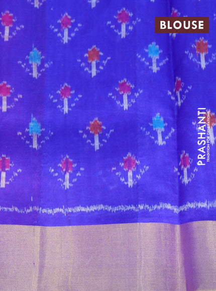 Pure raw silk saree reddish pink and blue with plain body and ikat woven pallu