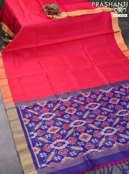 Pure raw silk saree pink and blue with plain body and ikat woven pallu