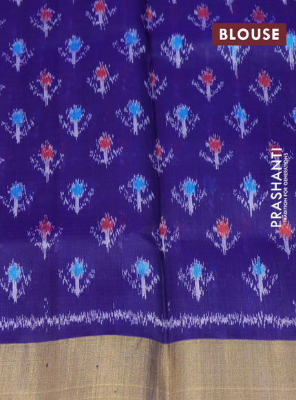 Pure raw silk saree pink and blue with plain body and ikat woven pallu