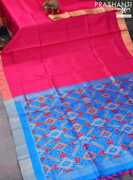 Pure raw silk saree pink and cs blue with plain body and ikat woven pallu