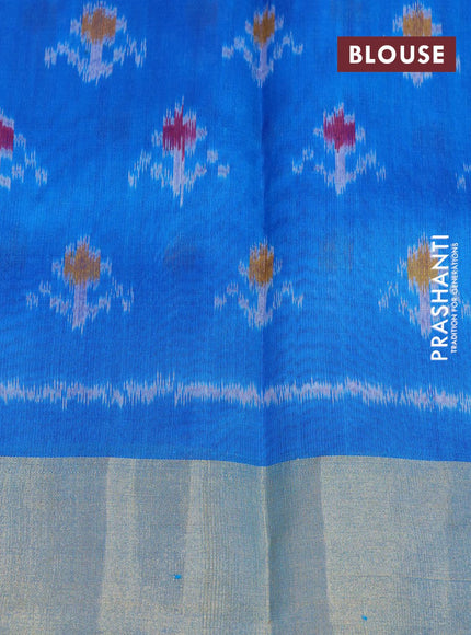 Pure raw silk saree pink and cs blue with plain body and ikat woven pallu