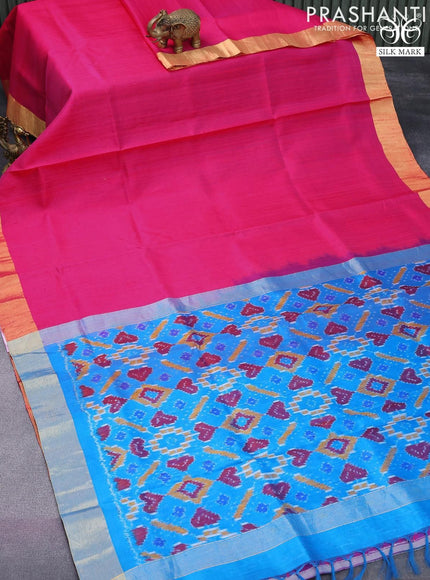 Pure raw silk saree pink and cs blue with plain body and ikat woven pallu