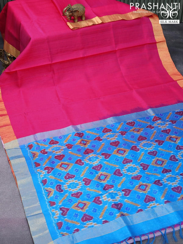 Pure raw silk saree pink and cs blue with plain body and ikat woven pallu