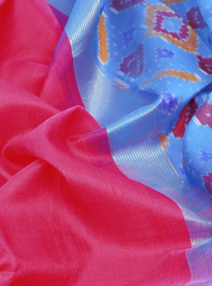 Pure raw silk saree pink and cs blue with plain body and ikat woven pallu