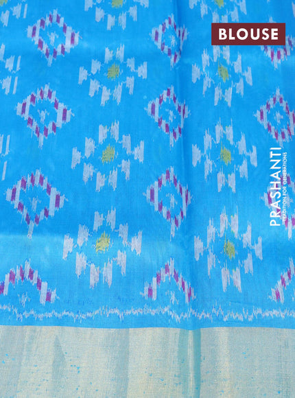 Pure raw silk saree pink and cs blue with plain body and ikat woven pallu