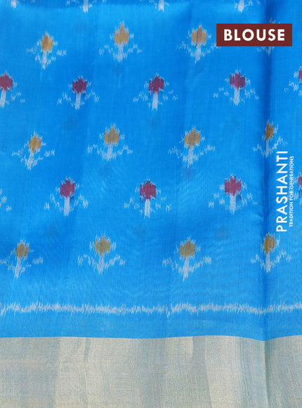 Pure raw silk saree grey and cs blue with plain body and ikat woven pallu