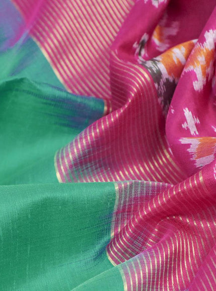 Pure raw silk saree teal blue and magenta pink with plain body and ikat woven pallu