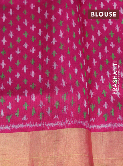 Pure raw silk saree teal blue and magenta pink with plain body and ikat woven pallu