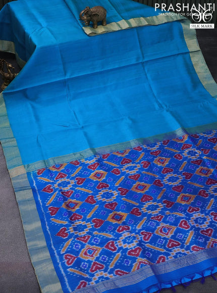 Pure raw silk saree light blue and cs blue with plain body and ikat design pallu