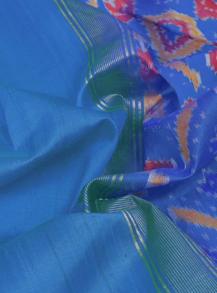 Pure raw silk saree light blue and cs blue with plain body and ikat design pallu