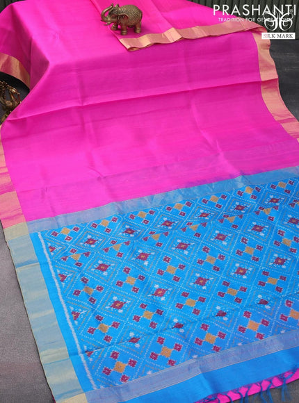 Pure raw silk saree pink and cs blue with plain body and ikat design pallu