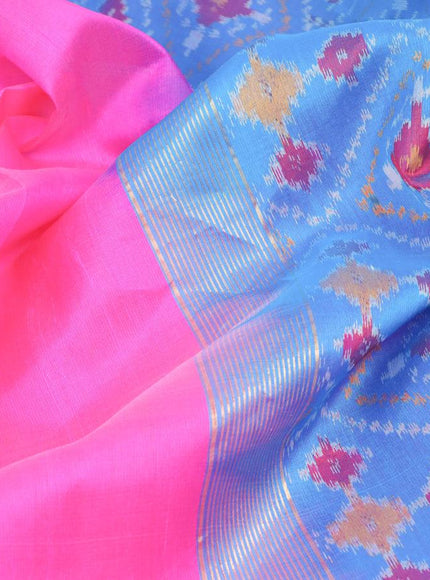 Pure raw silk saree pink and cs blue with plain body and ikat design pallu