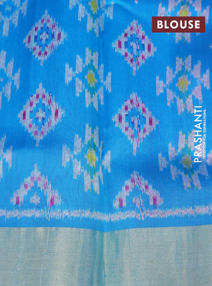 Pure raw silk saree pink and cs blue with plain body and ikat design pallu