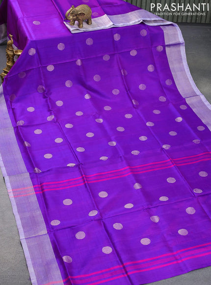 Pure uppada silk saree dual shade of violet with silver zari woven coin buttas and silver zari woven border