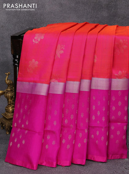 Pure uppada silk saree dual shade of pink and magenta pink with silver zari woven buttas and long silver zari woven butta border