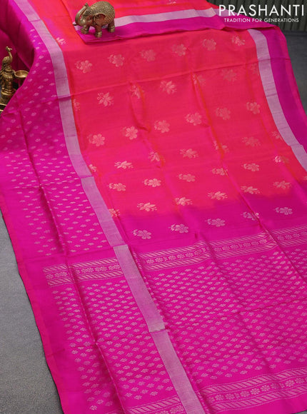 Pure uppada silk saree dual shade of pink and magenta pink with silver zari woven buttas and long silver zari woven butta border