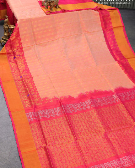 Pure uppada silk saree orange shade and pink with allover zari woven butta weaves and long zari woven border