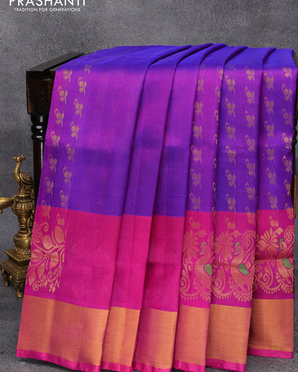 Pure uppada silk saree dual shade of purple and magenta pink with allover zari woven butta weaves and long zari woven border