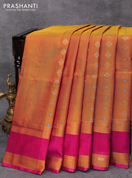 Pure uppada silk saree dual shade of mustard yellow and pink with allover zari woven butta weaves and rettapet zari woven border