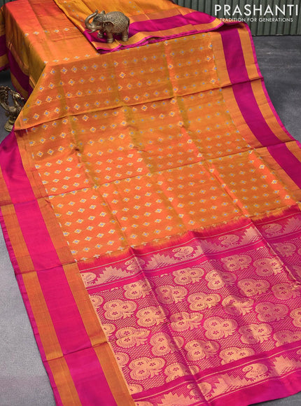 Pure uppada silk saree dual shade of mustard yellow and pink with allover zari woven butta weaves and rettapet zari woven border