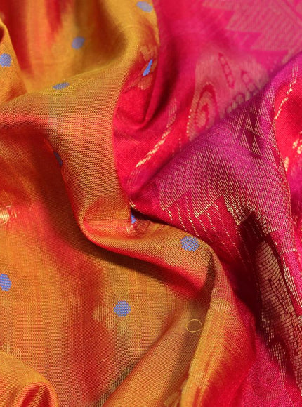 Pure uppada silk saree dual shade of mustard yellow and pink with allover zari woven butta weaves and rettapet zari woven border