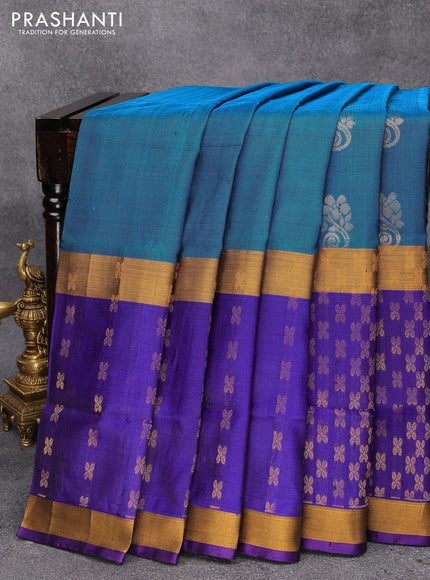 Pure uppada silk saree peacock blue and blue with annam & floral zari woven buttas and long zari woven border