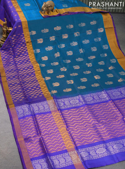 Pure uppada silk saree peacock blue and blue with annam & floral zari woven buttas and long zari woven border