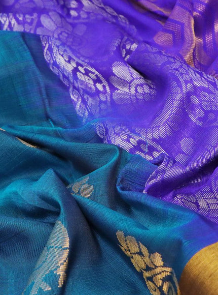 Pure uppada silk saree peacock blue and blue with annam & floral zari woven buttas and long zari woven border