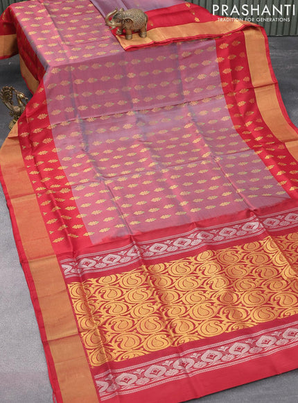 Pure uppada silk saree dual shade of maroon and red with allover zari weaves and zari woven border