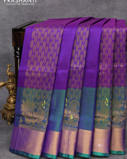 Pure uppada silk saree blue and green with allover zari weaves and long annam design zari woven border
