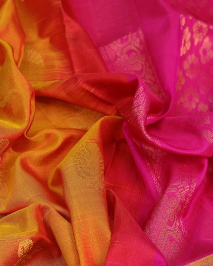 Pure uppada silk saree dual shade of mustard yellow and pink with zari woven buttas and long zari woven butta border