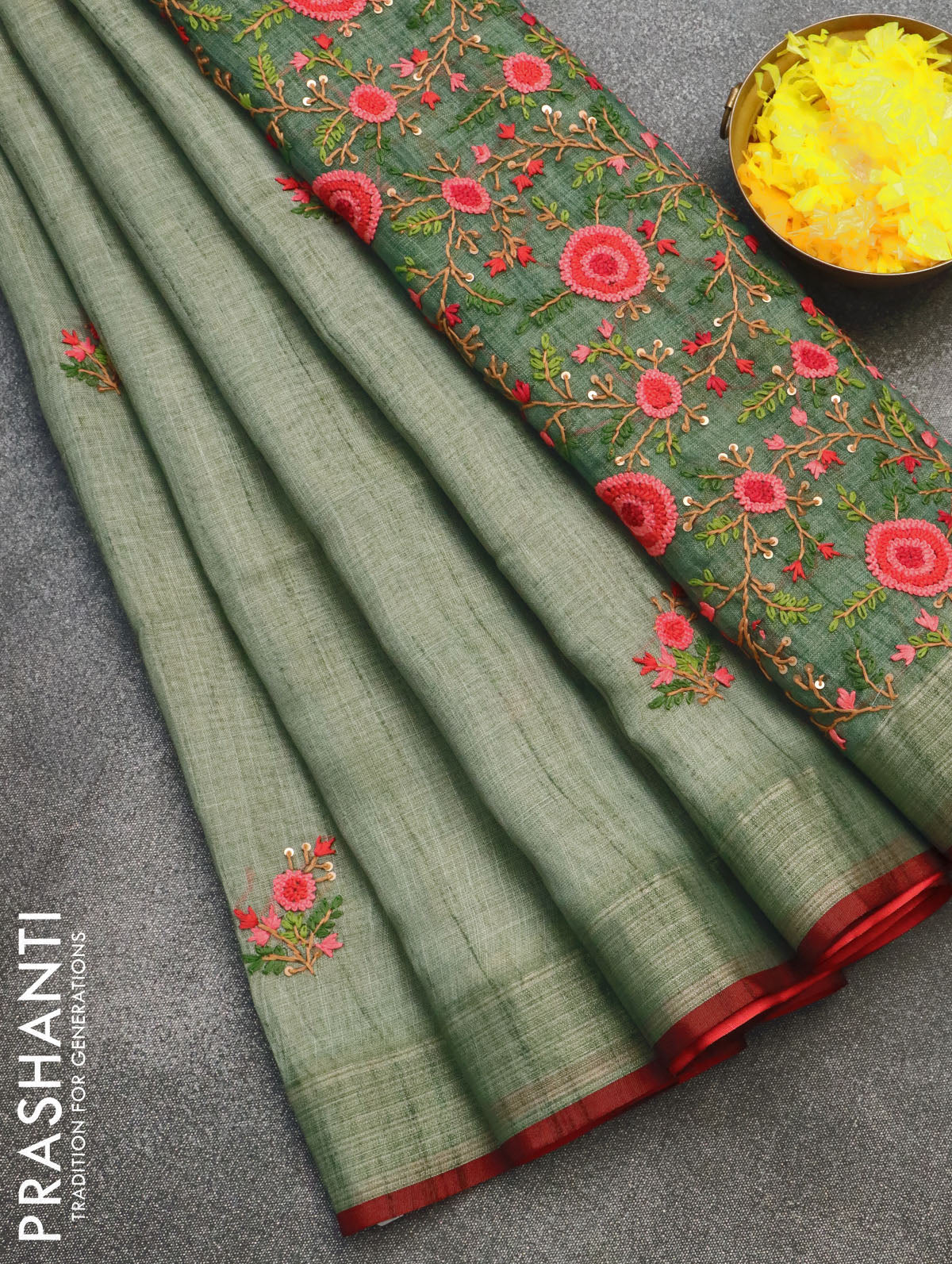 Tissue linen saree pale yellow with allover floral prints and silver z – Prashanti  Sarees
