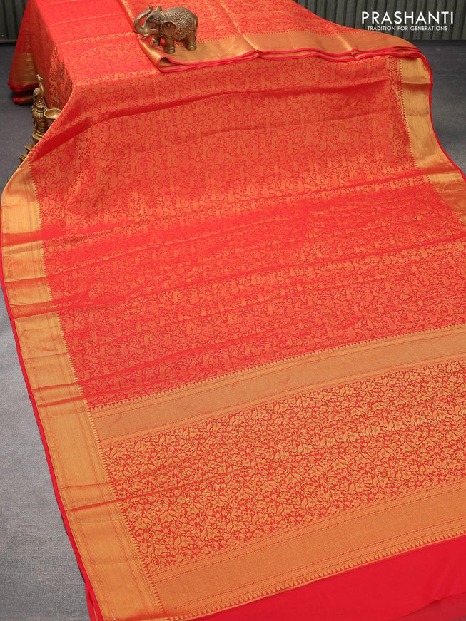 Art chiffon saree red with allover zari woven brocade weaves and zari woven border - {{ collection.title }} by Prashanti Sarees