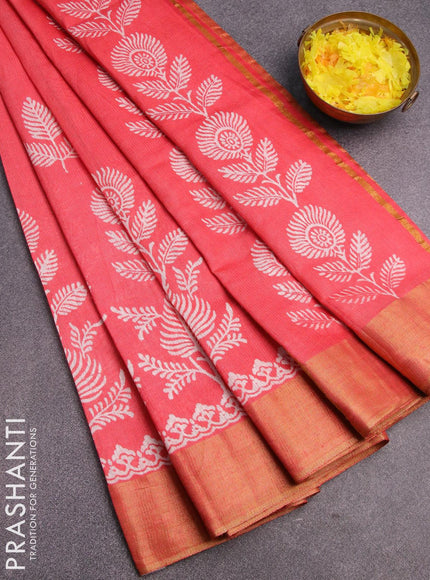 Bhagalpuri saree peach shade with leaf butta prints and zari woven border - {{ collection.title }} by Prashanti Sarees