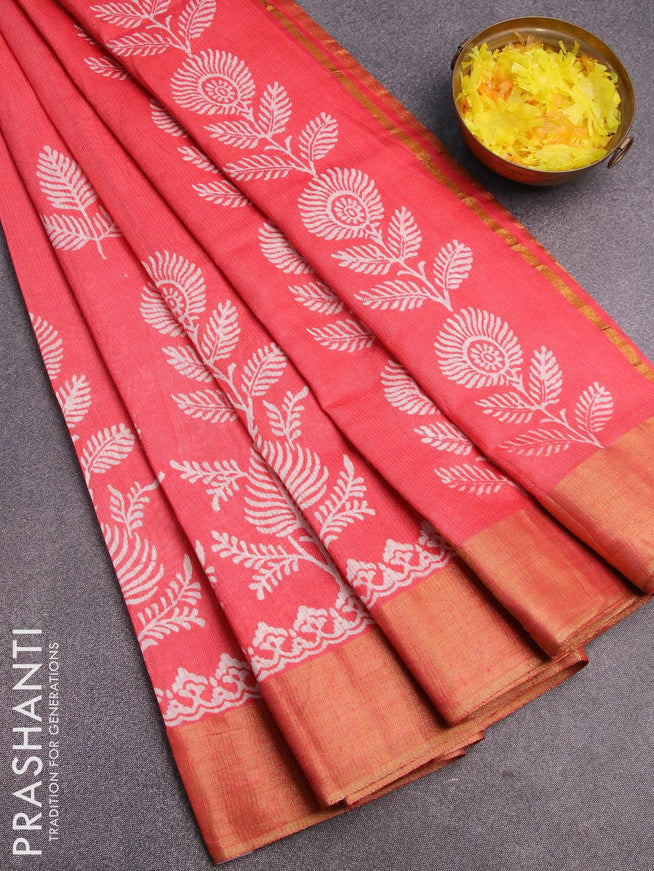 Bhagalpuri saree peach shade with leaf butta prints and zari woven border - {{ collection.title }} by Prashanti Sarees