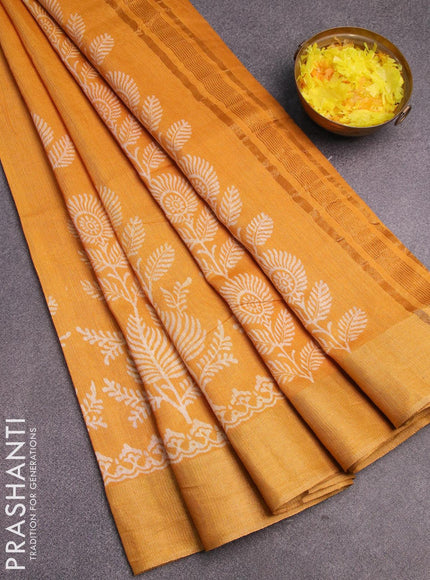 Bhagalpuri saree yellow with leaf butta prints and zari woven border - {{ collection.title }} by Prashanti Sarees