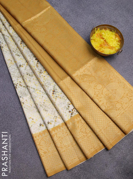 Banarasi softy silk saree cream and dark mustard with allover zari weaves & geometric digital prints and zari woven border - {{ collection.title }} by Prashanti Sarees