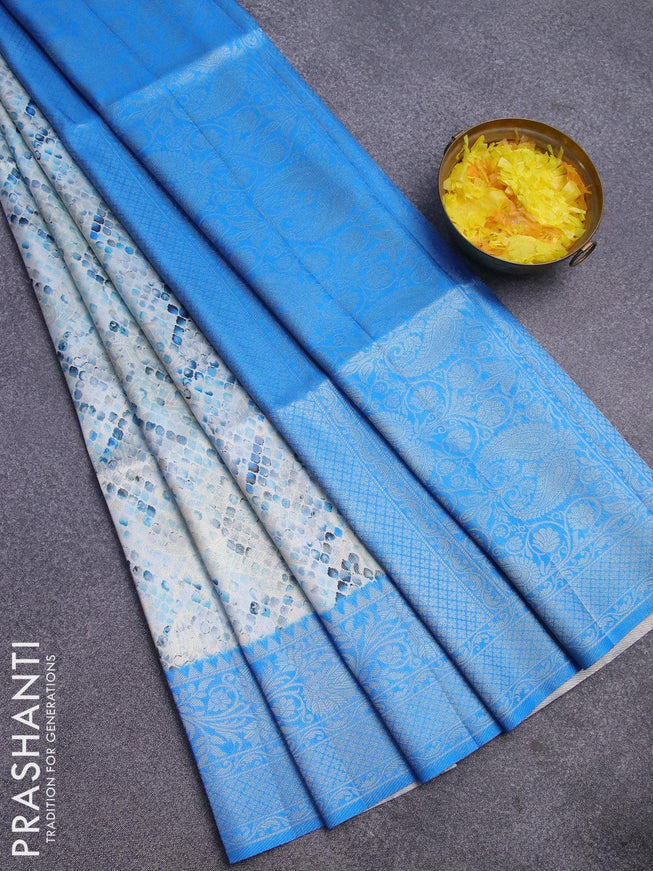 Banarasi softy silk saree pastel blue and blue with allover zari weaves & geometric digital prints and zari woven border - {{ collection.title }} by Prashanti Sarees