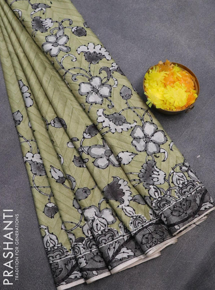 Semi tussar saree pastel green and grey with kalamkari prints & french knot work and printed border - {{ collection.title }} by Prashanti Sarees