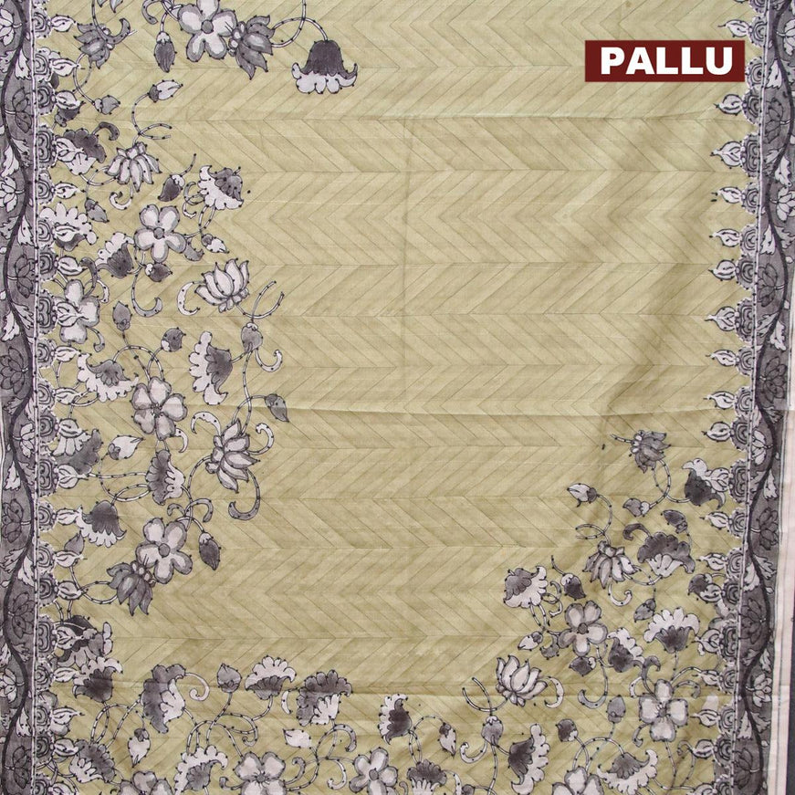 Semi tussar saree pastel green and grey with kalamkari prints & french knot work and printed border - {{ collection.title }} by Prashanti Sarees