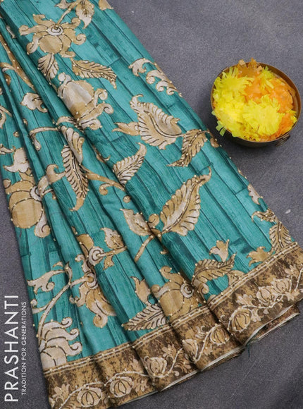 Semi tussar saree teal blue with kalamkari prints & french knot work and printed border - {{ collection.title }} by Prashanti Sarees