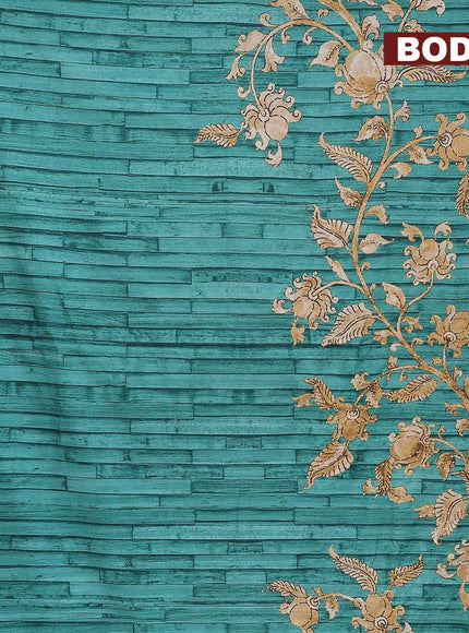 Semi tussar saree teal blue with kalamkari prints & french knot work and printed border - {{ collection.title }} by Prashanti Sarees